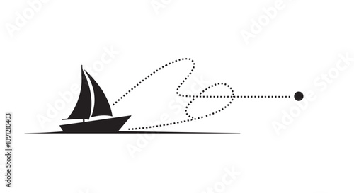 Sailboat sails smoothly across calm waters with dotted line trail and heart shaped path on white background