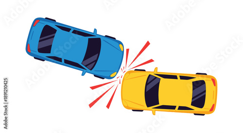 Overhead view illustration of two cars colliding, creating a bright impact flash