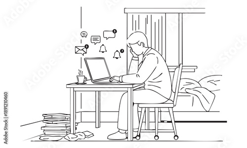 Man working on laptop with notifications and coffee