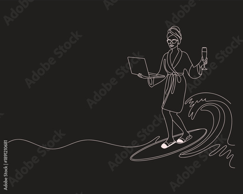 Woman in robe surfing on a wave while holding laptop and drink glass