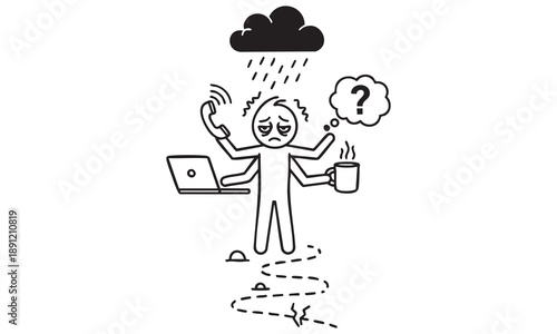Overwhelmed stick figure juggling multiple tasks under a rain cloud Keywords: overwhelmed, stressed, busy, multitasking, stick figure