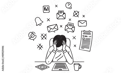 Stressed person with hands on head surrounded by tasks and notifications