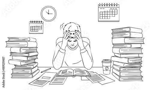 Stressed student overwhelmed by books and deadlines
