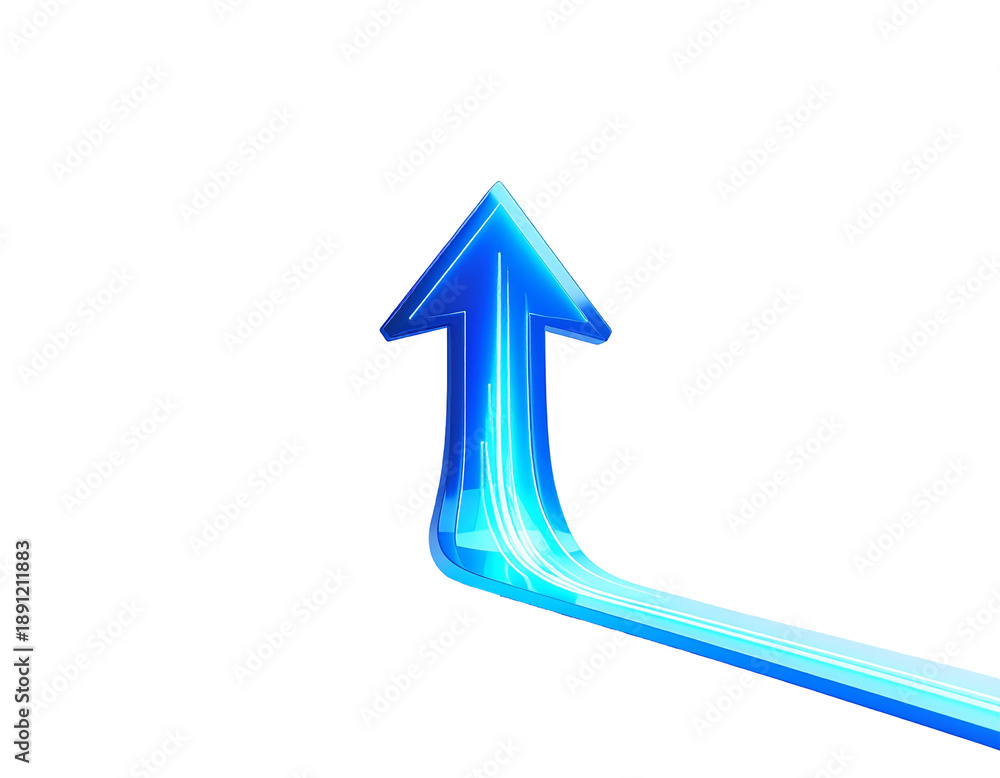 Fototapeta premium A bright blue arrow curves upwards, glowing with light trails