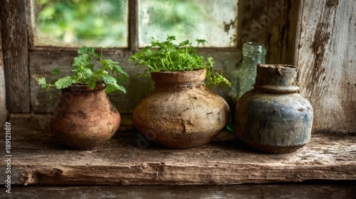 Wallpaper Mural Three handcrafted clay pots filled with vibrant herbs rest on a weathered shelf by a quaint window. Torontodigital.ca