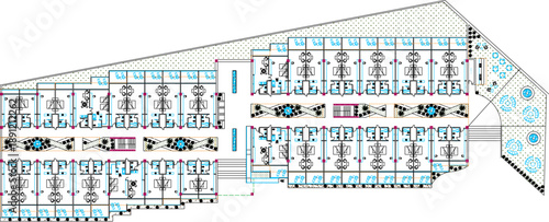 Vector sketch illustration silhouette design architectural engineering drawing site plan layout of classic vintage hotel building with interior and scale size 