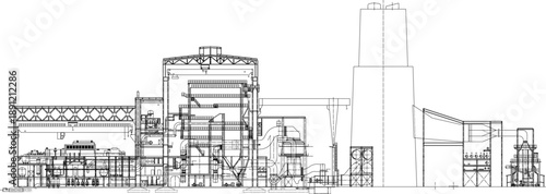 Vector sketch illustration silhouette design drawing construction details Thermal Power Station Elevation Plan