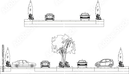 Vector sketch illustration silhouette design detailed image Road sections with park beside road and vehicles