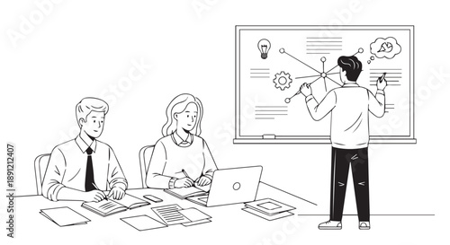 Business team discussing ideas in a meeting with a presentation on a whiteboard