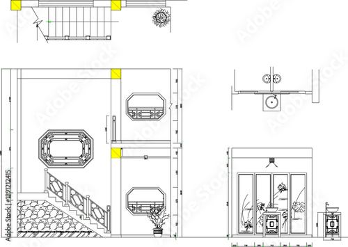 Vector sketch illustration silhouette design image detail of classic ethnic vintage room interior with traditional Chinese accessories