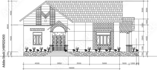 Vector sketch illustration silhouette design architectural engineering drawing view of a simple house building facade with interior and scale size