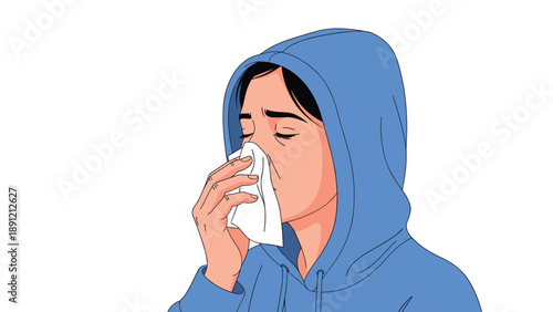 Young woman wearing a blue hoodie sneezes into a white tissue while suffering from a common cold, seasonal allergy, or viral infection.