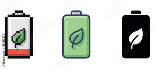 Pixel, flat, and solid eco-friendly battery icons with leaf symbols