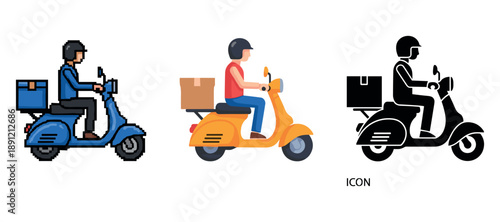 Pixelated, flat, and iconic scooter delivery illustrations