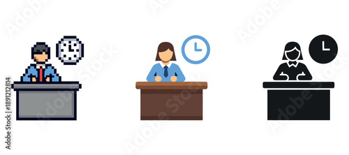 Various icon styles of female news anchors with clocks