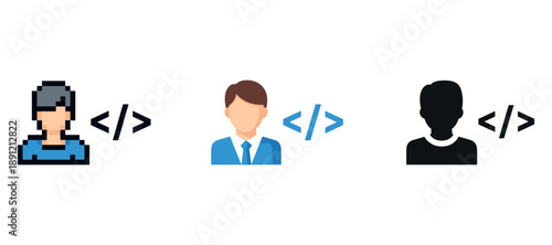 Icons of diverse genders in programming: pixel art female, flat design male, silhouette