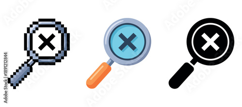 Magnifying glass icons with cross symbol in pixel, colorful, and silhouette styles