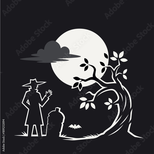 Halloween special art of a the cemetery and a man and a grave in font of tree