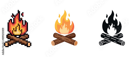 Pixelated, flat, and solid campfire icons on white background