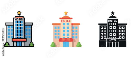 Colorful hotel building illustrations set featuring iconic designs