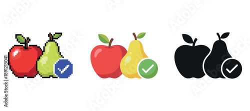 Comparison of pixelated, flat, and silhouette fruit designs with apples and pears