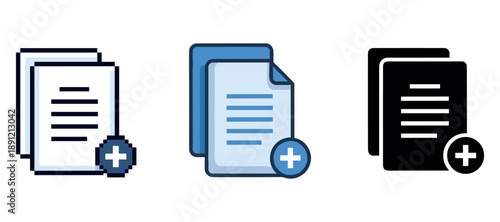 Three document icons with plus symbols in different styles