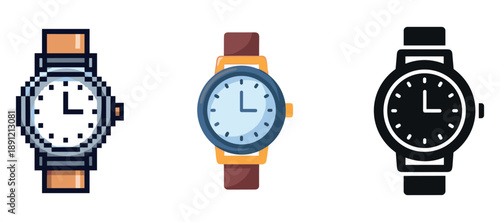 Three unique watch designs featuring analog displays and varied strap styles