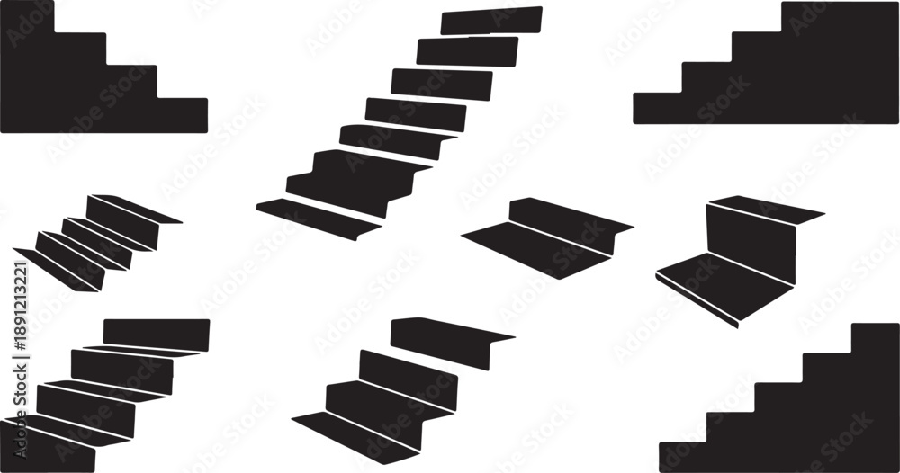 Fototapeta premium Staircases in disarray on white background with black steps