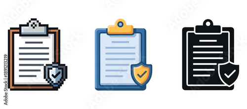 Three clipboard icons with shield and check mark symbols