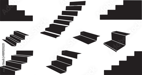 Staircases in disarray on white background with black steps