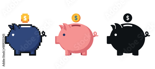 Pixelated and flat style piggy bank icons with coins