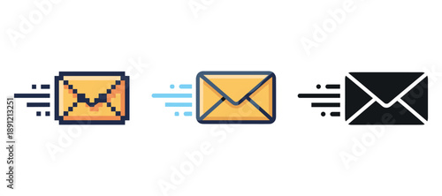 Pixelated, flat, and outline email icons illustrating different design styles