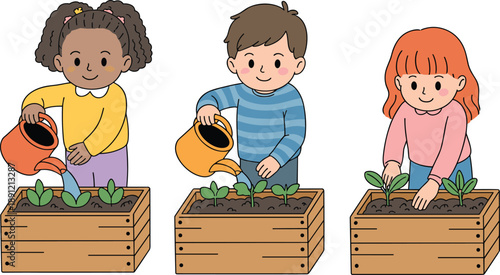 Cute children gardening together planting seedlings in wooden boxes, watering plants outdoors, colorful kid illustration for education, nature care, spring activity concept