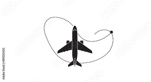 Airplane flying through dotted line path on white background symbolizing travel and adventure