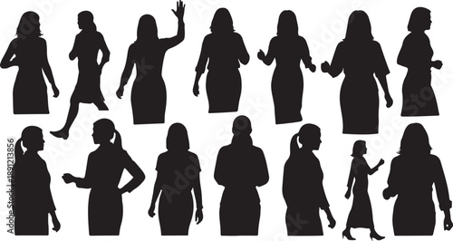 Silhouettes of women in various poses and dresses walking
