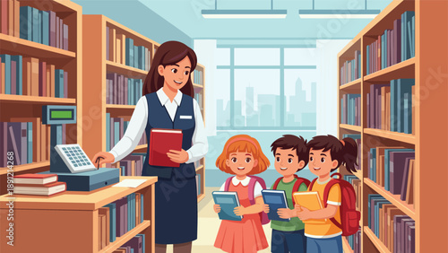 Group of young students with backpacks listens to a librarian at the checkout desk in a school library filled with bookshelves.