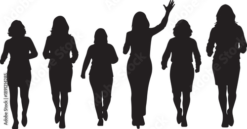 Silhouettes of women walking in various business attire styles