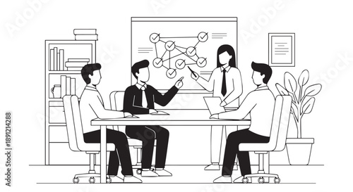 Business team discussing strategy in office meeting room with whiteboard and laptop