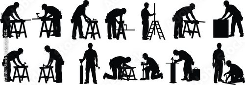 Construction worker silhouettes set, carpentry and tools activities, industrial labor concept, professional handyman teamwork, isolated black figures collection