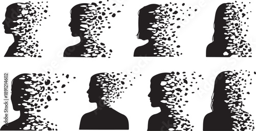 Silhouettes of people with particles flying out of heads