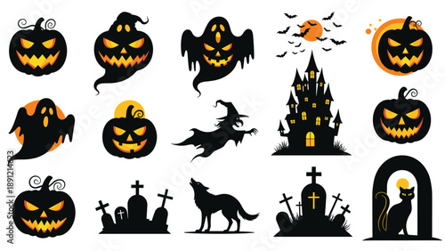 Diverse collection of spooky Halloween silhouettes featuring carved pumpkins haunted houses ghosts witches and bats.