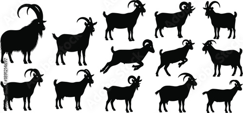 Goat silhouettes collection, farm animal poses, wild mountain goats, livestock wildlife concept, isolated black figures set illustration
