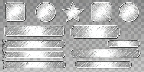 A collection of silver scratch-off game interface elements in various shapes and sizes.