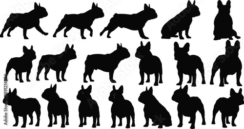French bulldog silhouettes set, cute dog poses collection, pet animal design, playful puppy positions, isolated black figures illustration for stock