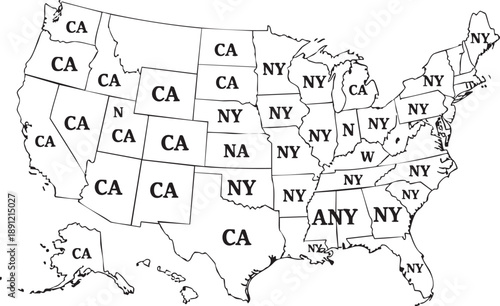 Black and white map of the United States with C A and N Y labels