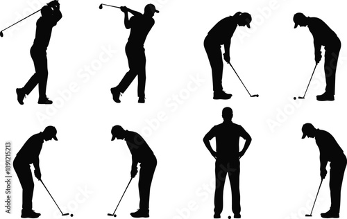 Golfer silhouettes set showing swing and putting poses, professional golf player actions isolated on white background vector illustration