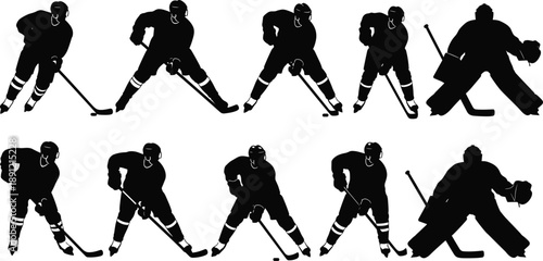Ice hockey player silhouettes set showing skating, puck control, shooting, and goalie stances isolated on white background vector