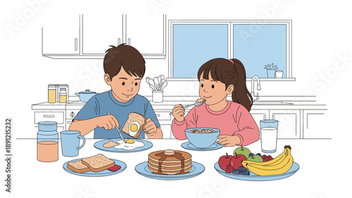 Two young siblings enjoy a healthy and nutritious breakfast together at the kitchen table filled with various delicious food items.
