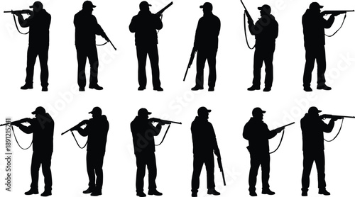 Hunter silhouettes, shotgun shooting poses, hunting sport concept, firearm action, target practice, outdoor sports illustration, black silhouettes isolated