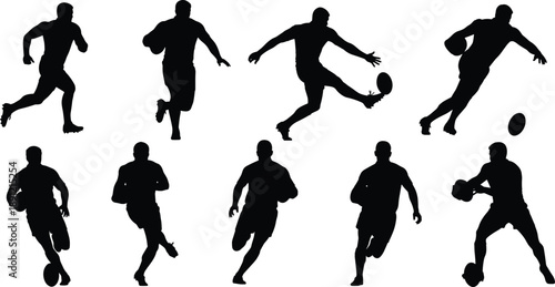 Rugby player silhouettes in dynamic running kicking and passing poses isolated on white background sport vector illustration set
